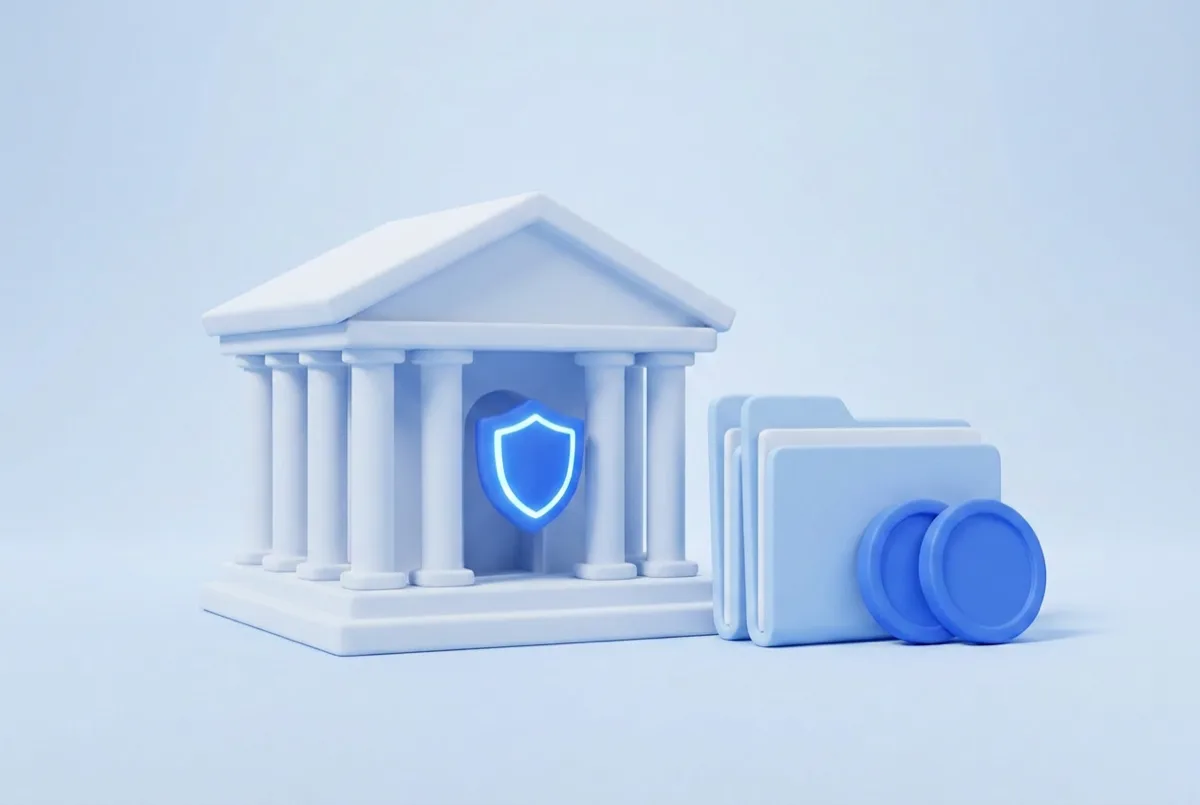 A small building with columns behind a blue shield, with folders and coins beside it