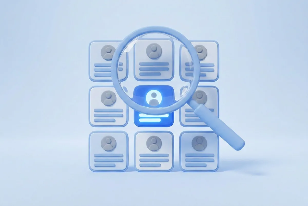 A magnifying glass highlighting one glowing creator profile card in a grid of profiles