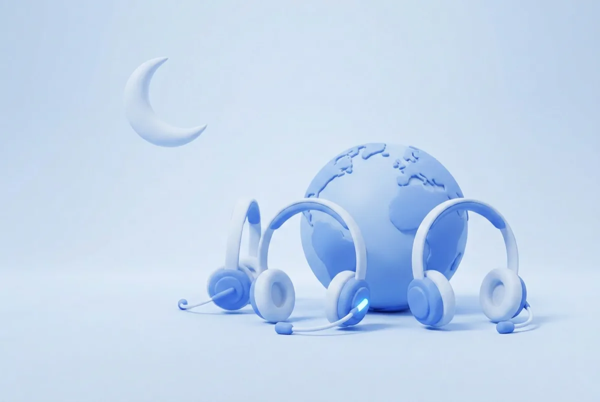 Three headsets arranged around a globe with a crescent moon above