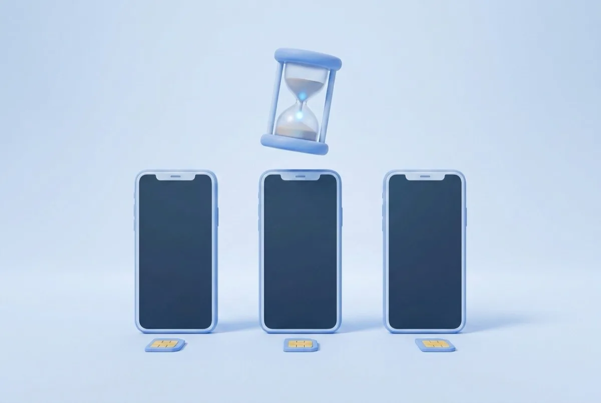 Three phones lined up, each with its own SIM card, and an hourglass floating above
