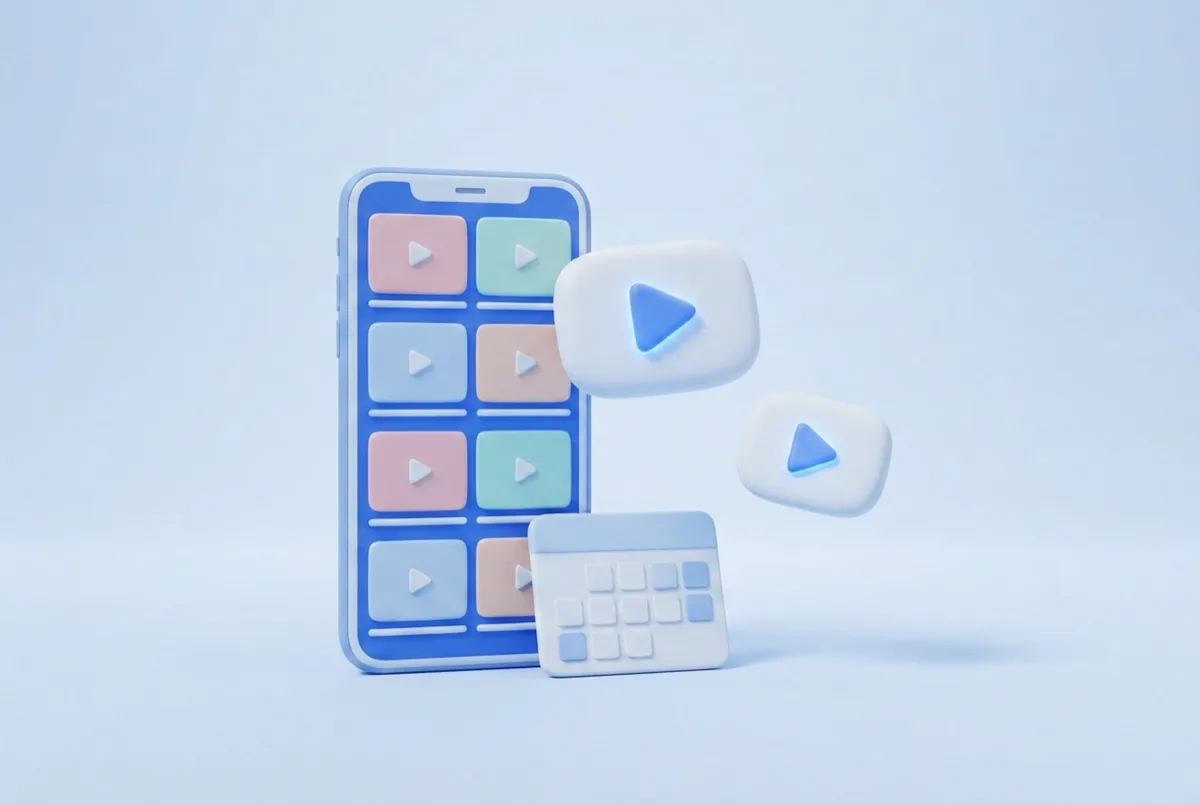 A phone showing a grid of video tiles with floating play buttons and a blank content calendar
