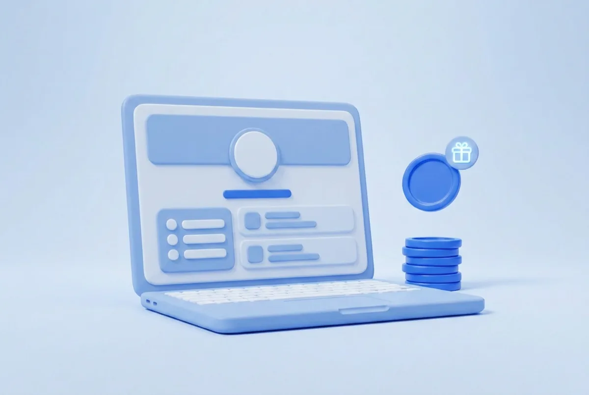 A laptop showing a creator profile page with a stack of coins beside it
