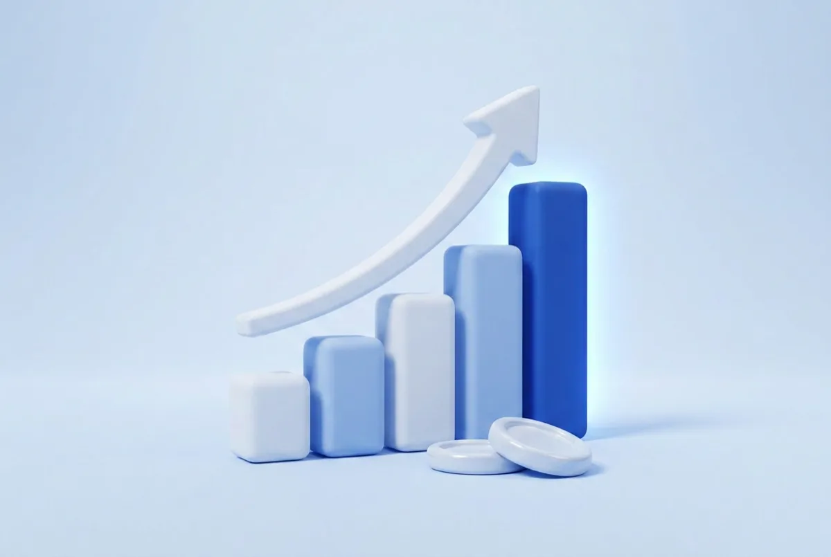 A rising bar chart with an upward arrow and coins at its base