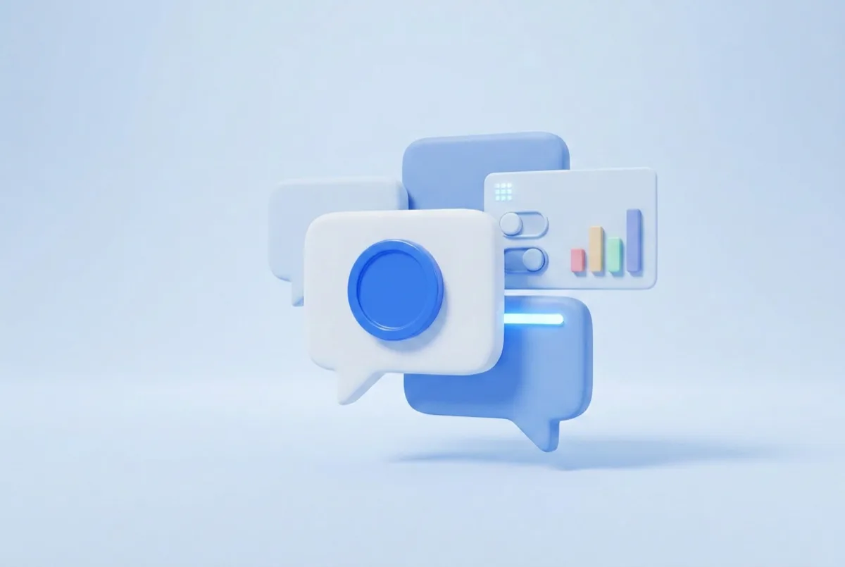 Chat bubbles holding a coin next to a small dashboard card with a bar chart