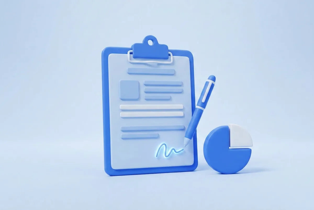 A signed contract on a clipboard next to a pie chart showing a revenue split