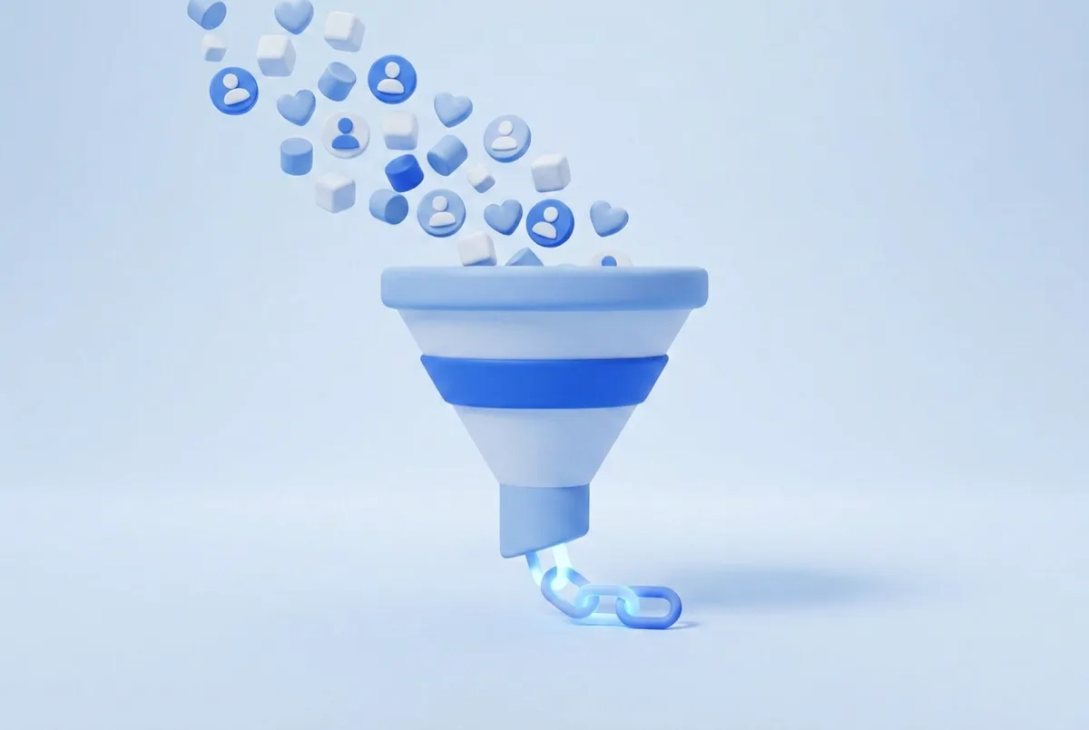 A funnel turning a stream of hearts and profile chips into a single glowing link