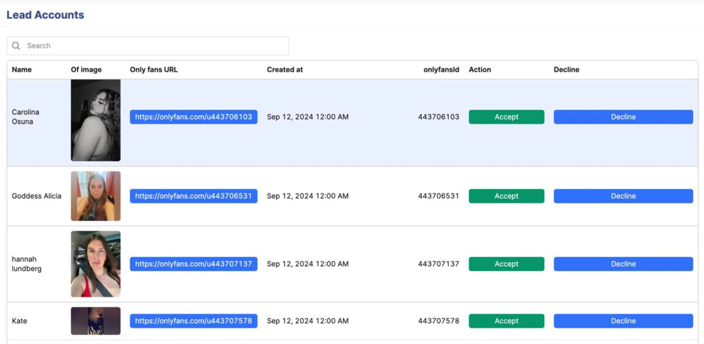 First prototype of Outseeker – built before the idea was born. A simple lead table with manual Accept/Decline.