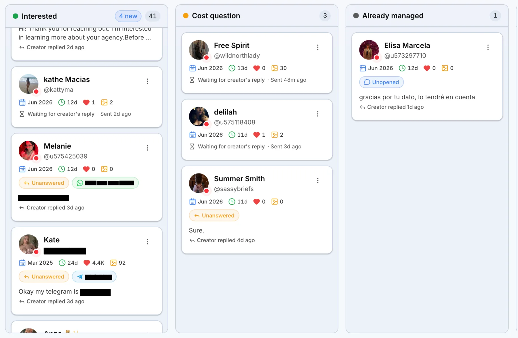 The Outseeker board with interested creator cards, where the guaranteed minimum of interested creators per billing period is counted.