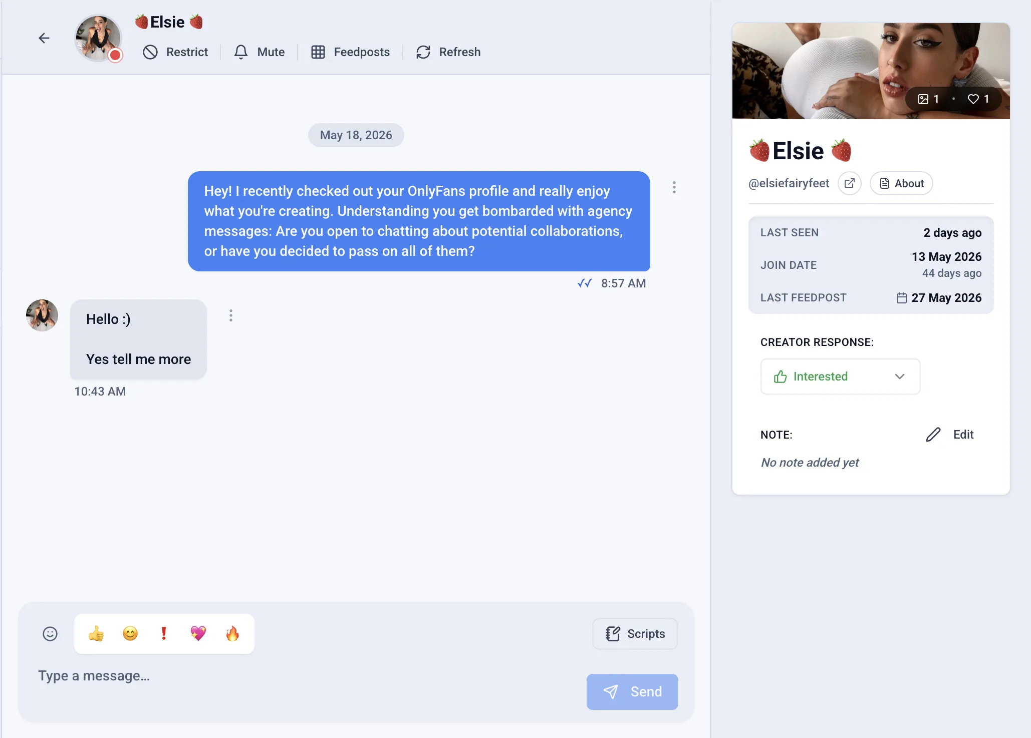 Outseeker inbox: an outreach conversation with the creator Elsie, who replied and is marked Interested.