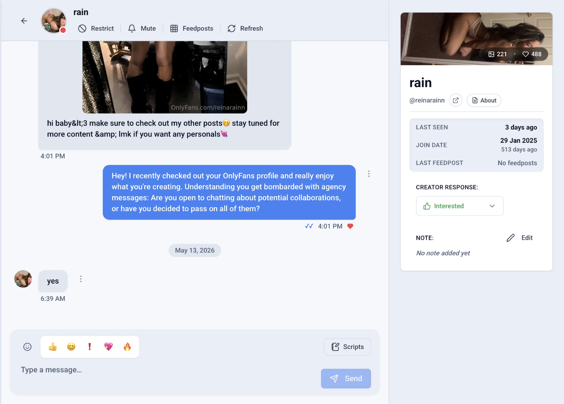 Outseeker inbox: an outreach conversation with the creator Rain, who replied yes and is marked Interested.