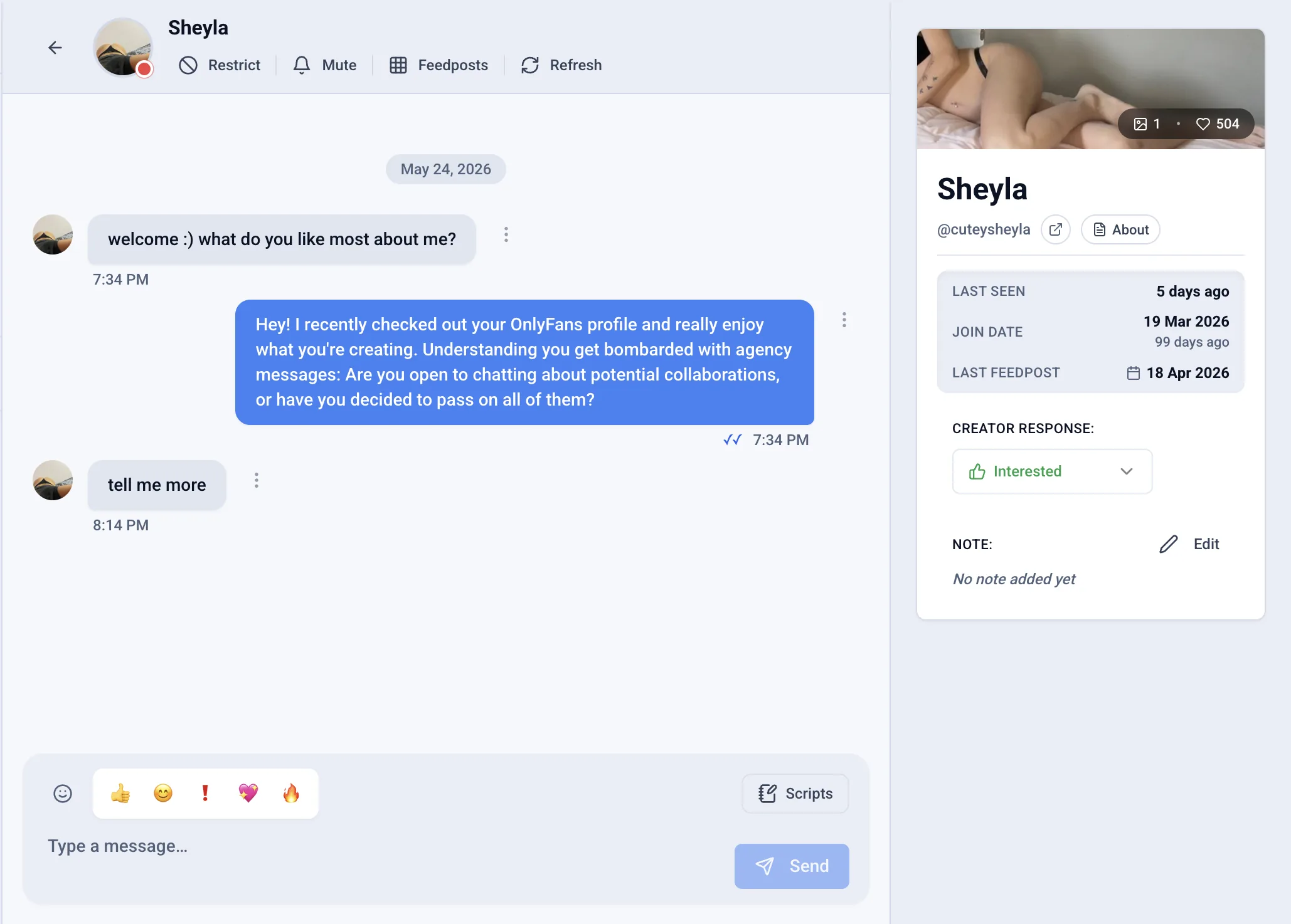 Outseeker inbox: an outreach conversation with the creator Sheyla, who replied and is marked Interested.